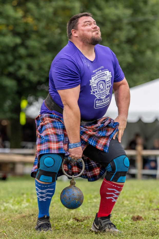 Kyle Lillie takes part in the 56-pound weight-for-height competition Sunday, Sept. 27, 2026, during the Celtic Classic Festival in Bethlehem. (Jonathan Broady/Special to The Morning Call)