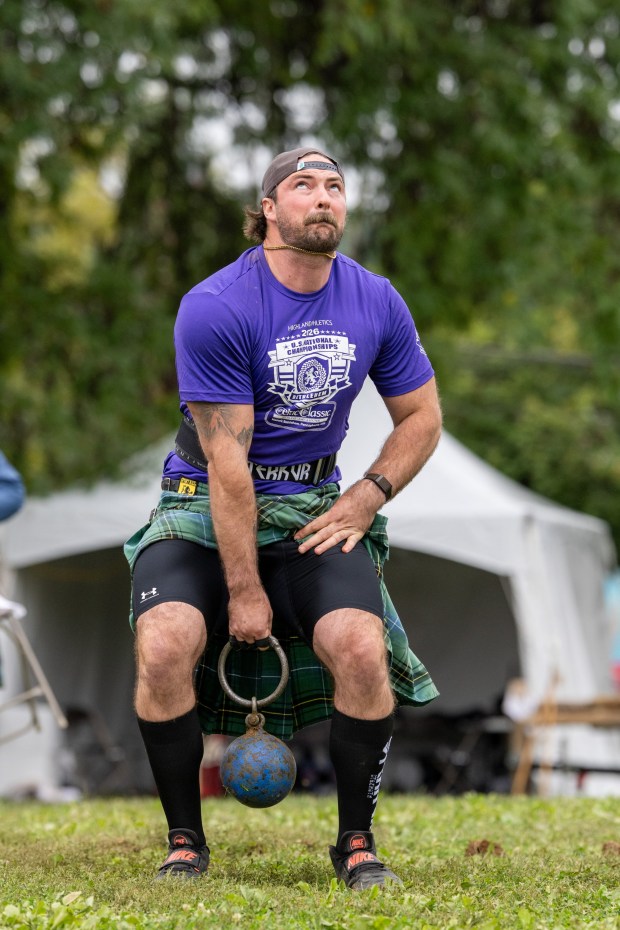John Van Beuren competes in the 56-pound weight-for-height competition Sunday, Sept. 27, 2026, during the Celtic Classic Festival in Bethlehem. (Jonathan Broady/Special to The Morning Call)