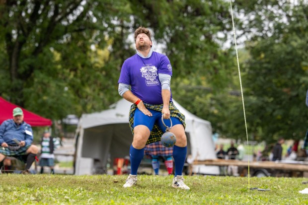 A competitor takes part in the 56-pound weight-for-height competition Sunday, Sept. 27, 2026, during the Celtic Classic Festival in Bethlehem. (Jonathan Broady/Special to The Morning Call)