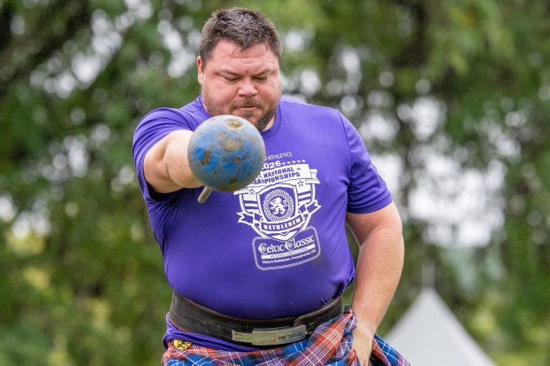 Kyle Lillie takes part in the 56-pound weight-for-height competition Sunday, Sept. 27, 2026, during the Celtic Classic Festival in Bethlehem. (Jonathan Broady/Special to The Morning Call)