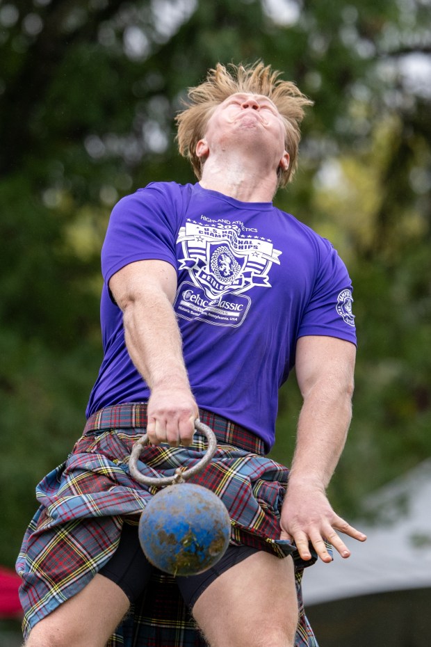 A competitor takes part in the 56-pound weight-for-height competition Sunday, Sept. 27, 2026, during the Celtic Classic Festival in Bethlehem. (Jonathan Broady/Special to The Morning Call)