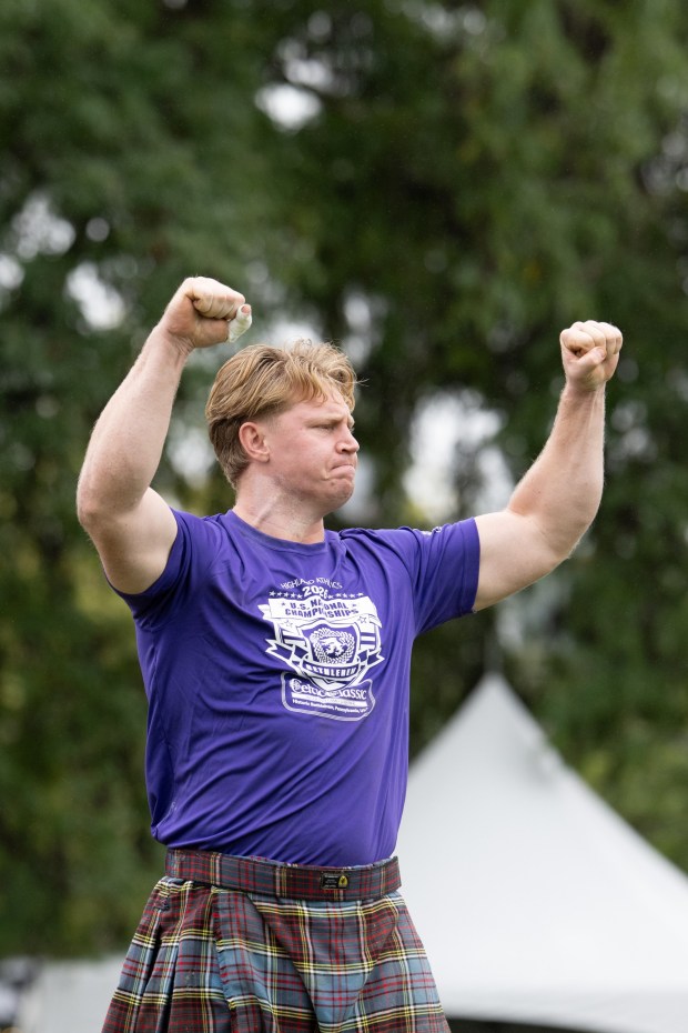 A competitor takes part in the 56-pound weight-for-height competition Sunday, Sept. 27, 2026, during the Celtic Classic Festival in Bethlehem. (Jonathan Broady/Special to The Morning Call)