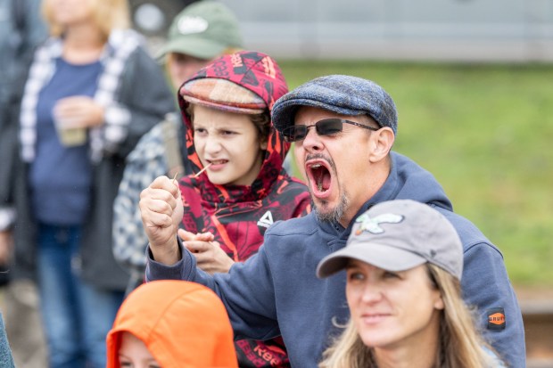 John Underman of Milford, N.J., cheers on the contestants of the 56-pound weight-for-height competition on Sunday, Sept. 27, 2026, during the Celtic Classic Festival in Bethlehem. (Jonathan Broady/Special to The Morning Call)