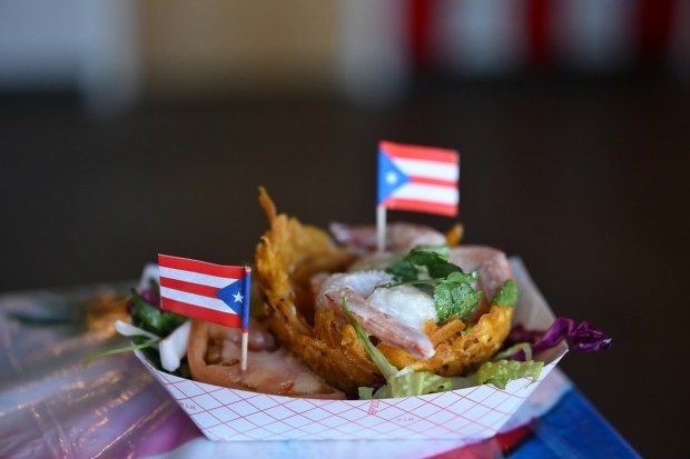 Shrimp DemBowl is one of the Puerto Rican specialties served Thursday, Sept. 24, 2026, at Chinchorro restaurant in Easton. Like their sister food truck La Frikitona, Chinchorro serves food items such as tostones, mofongo, sancocho, canoas and pastelillos. (Monica Cabrera/The Morning Call)