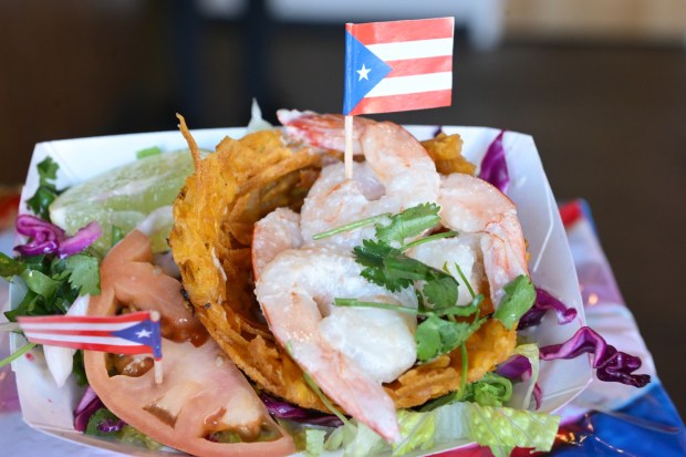 Shrimp DemBowl is one of the Puerto Rican specialties served Thursday, Sept. 24, 2026, at Chinchorro restaurant in Easton. Like their sister food truck La Frikitona, Chinchorro serves food items such as tostones, mofongo, sancocho, canoas and pastelillos. (Monica Cabrera/The Morning Call)