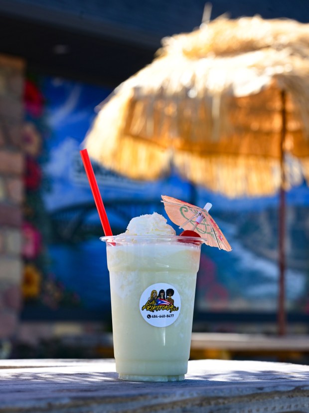 A Piña Colada Mocktail is served Thursday, Sept. 24, 2026, at Chinchorro restaurant in Easton. Like their sister food truck La Frikitona, Chinchorro serves food items such as tostones, mofongo, sancocho, canoas and pastelillos. (Monica Cabrera/The Morning Call)