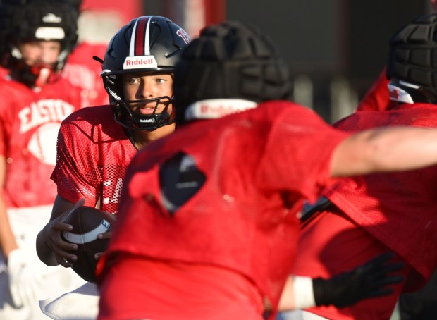 Easton Area High School players run drills Tuesday, Aug. 18, 2026, during football practice at Cottingham Stadium in Easton. Easton is the defending District 11 6A champion and figures to be successful again under head coach Matt Senneca. (Monica Cabrera/The Morning Call)