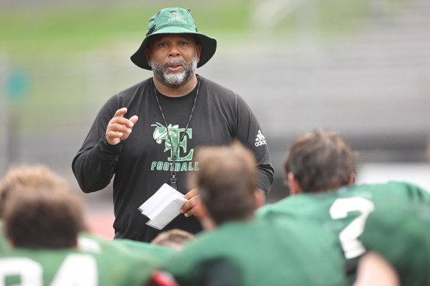 Emmaus head football coach Harold Fairclough instructs his players Monday, Aug. 10, 2026, on the first day of high school football practice. Emmaus is a team looking for a turnaround season in 2026. (Monica Cabrera/The Morning Call)