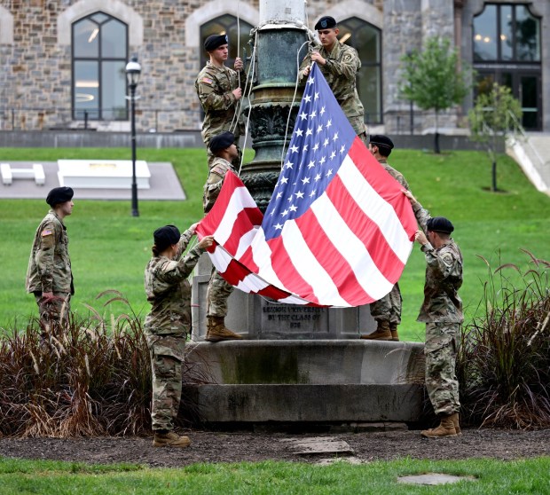 Lehigh University and the Steel Battalion Army ROTC Program hold their annual 9/11 memorial event Friday, Sept. 11, 2026, in Bethlehem, to mark the 25th anniversary of the terror attacks. The ceremony included a flag raising, moment of silence and the planting of the 2,977 American flags to honor the lives lost. (Monica Cabrera/The Morning Call)