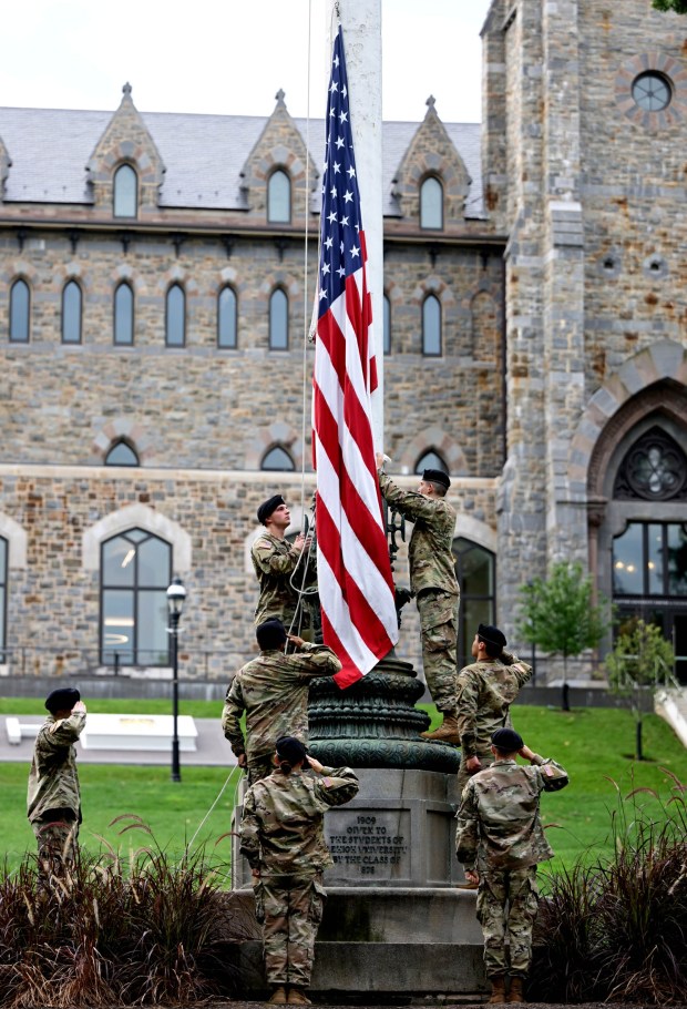 Lehigh University and the Steel Battalion Army ROTC Program hold their annual 9/11 memorial event Friday, Sept. 11, 2026, in Bethlehem, to mark the 25th anniversary of the terror attacks. The ceremony included a flag raising, moment of silence and the planting of the 2,977 American flags to honor the lives lost. (Monica Cabrera/The Morning Call)