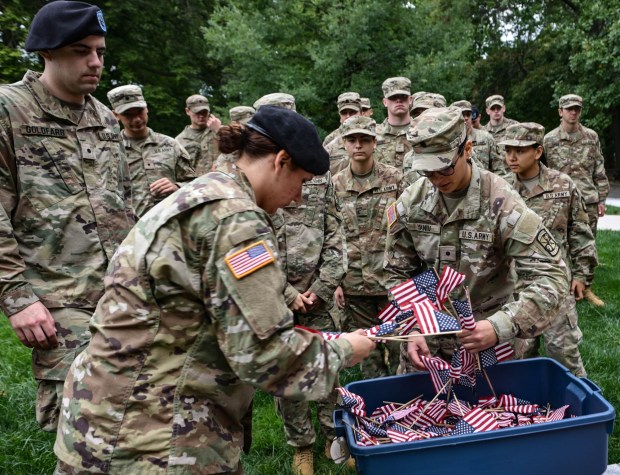 Lehigh University and the Steel Battalion Army ROTC Program hold their annual 9/11 memorial event Friday, Sept. 11, 2026, in Bethlehem, to mark the 25th anniversary of the terror attacks. The ceremony included a flag raising, moment of silence and the planting of the 2,977 American flags to honor the lives lost. (Monica Cabrera/The Morning Call)
