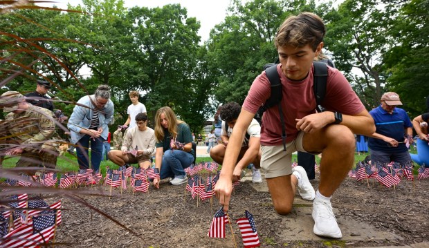 Lehigh University and the Steel Battalion Army ROTC Program hold their annual 9/11 memorial event Friday, Sept. 11, 2026, in Bethlehem, to mark the 25th anniversary of the terror attacks. The ceremony included a flag raising, moment of silence and attendees planting of the 2,977 American flags to honor the lives lost. (Monica Cabrera/The Morning Call)