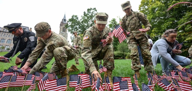 Lehigh University and the Steel Battalion Army ROTC Program hold their annual 9/11 memorial event Friday, Sept. 11, 2026, in Bethlehem, to mark the 25th anniversary of the terror attacks. The ceremony included a flag raising, moment of silence and the planting of the 2,977 American flags to honor the lives lost. (Monica Cabrera/The Morning Call)