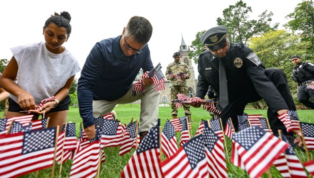 Lehigh University and the Steel Battalion Army ROTC Program hold their annual 9/11 memorial event Friday, Sept. 11, 2026, in Bethlehem, to mark the 25th anniversary of the terror attacks. The ceremony included a flag raising, moment of silence and the planting of the 2,977 American flags to honor the lives lost. (Monica Cabrera/The Morning Call)