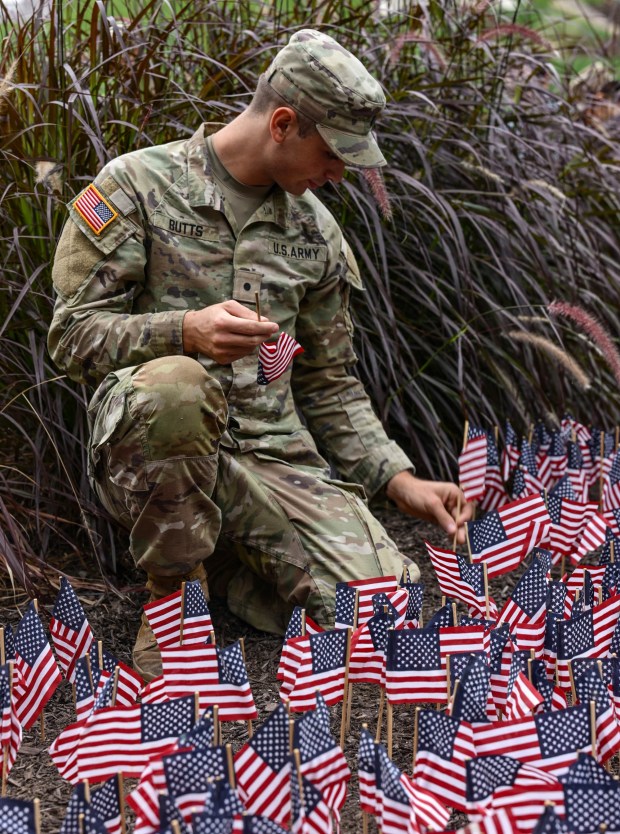 Lehigh University and the Steel Battalion Army ROTC Program hold their annual 9/11 memorial event Friday, Sept. 11, 2026, in Bethlehem, to mark the 25th anniversary of the terror attacks. The ceremony included a flag raising, moment of silence and the planting of the 2,977 American flags to honor the lives lost. (Monica Cabrera/The Morning Call)