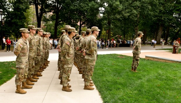 Lehigh University and the Steel Battalion Army ROTC Program hold their annual 9/11 memorial event Friday, Sept. 11, 2026, in Bethlehem, to mark the 25th anniversary of the terror attacks. The ceremony included a flag raising, moment of silence and the planting of the 2,977 American flags to honor the lives lost. (Monica Cabrera/The Morning Call)