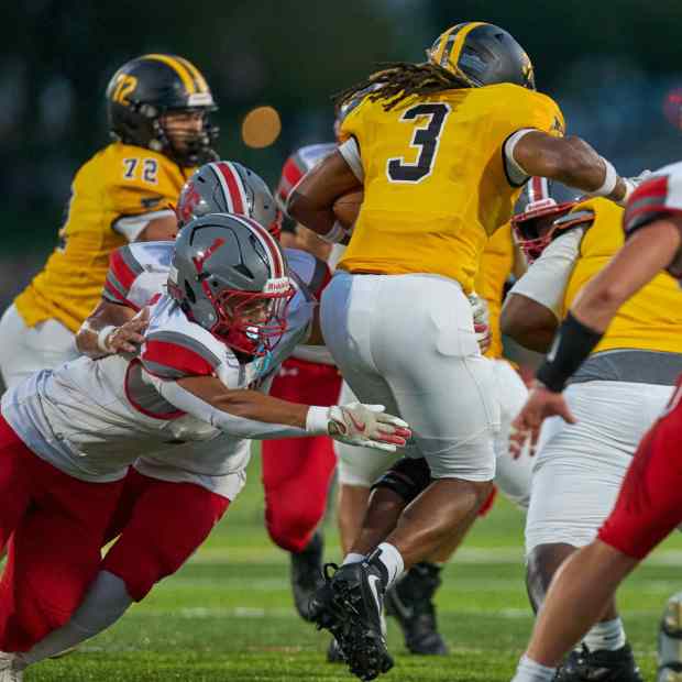 Freedom's Lashawn Johnson breaks several tackles on Friday, Sept. 4, 2026, at Bethlehem School District Stadium. (David Garrett/Special to The Morning Call)