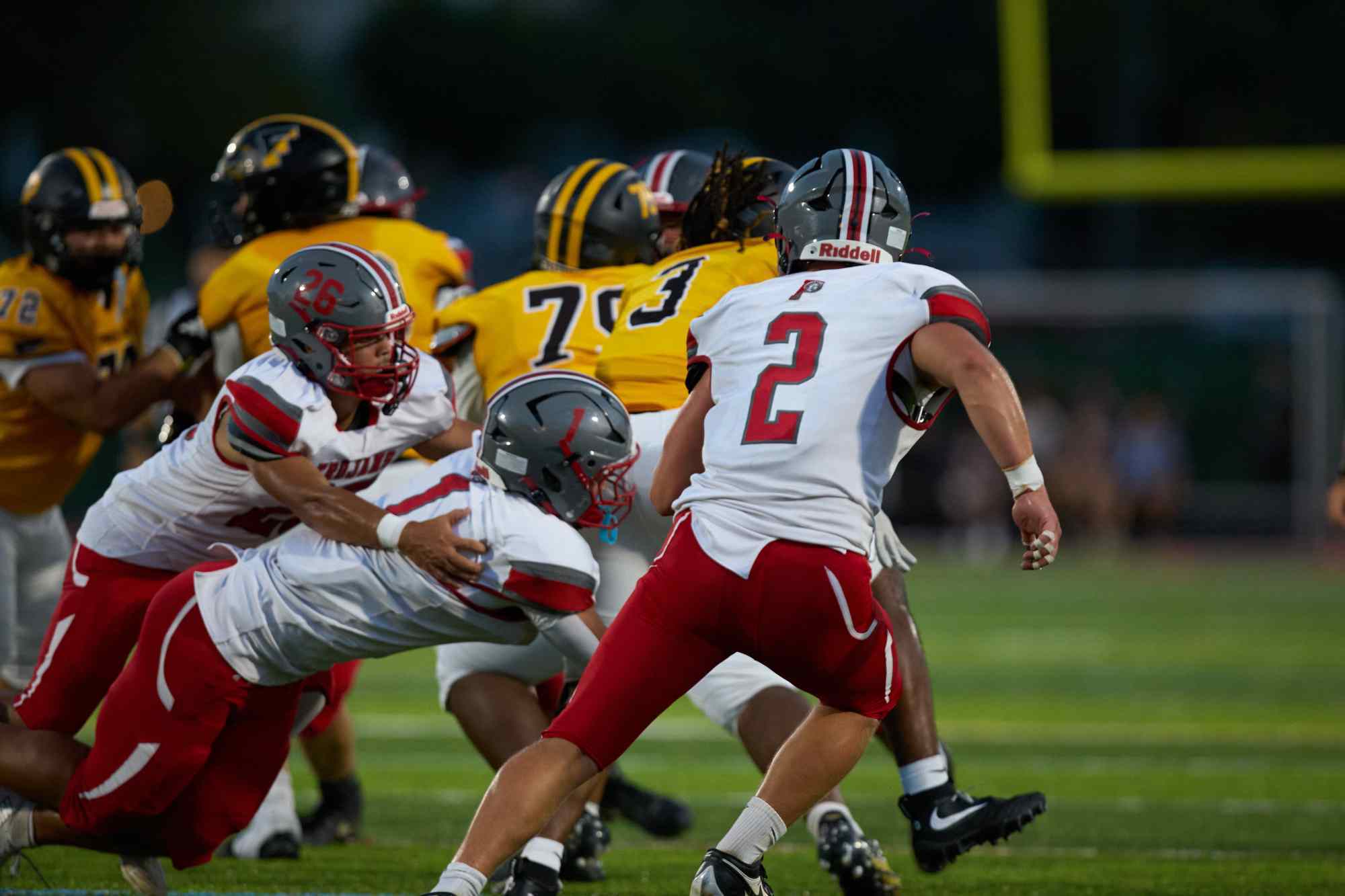 Freedom's Lashawn Johnson breaks several tackles on Friday, Sept. 4, 2026, at Bethlehem School District Stadium. (David Garrett/Special to The Morning Call)