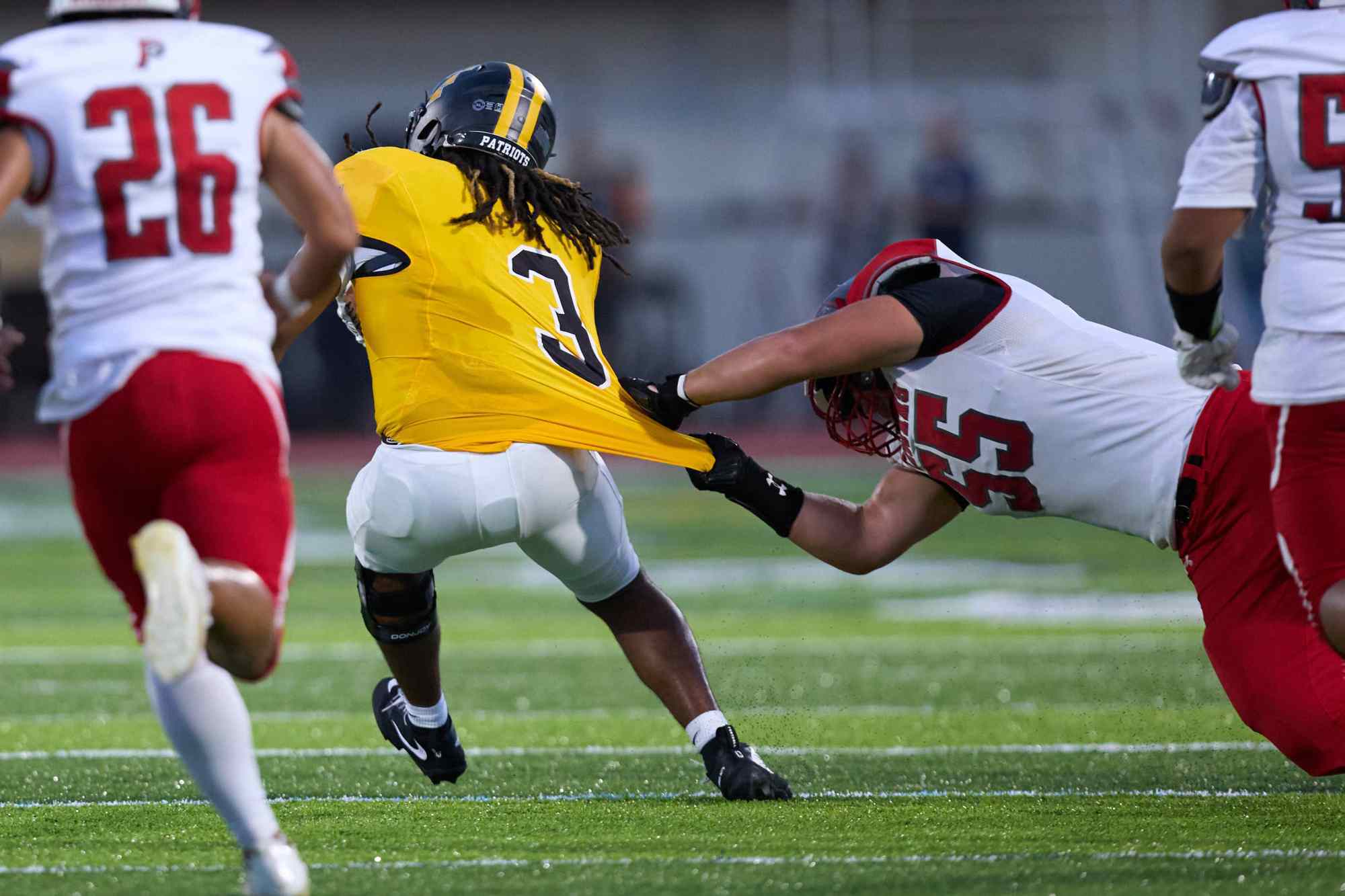 Freedom's Lashawn Johnson breaks several tackles on Friday, Sept. 4, 2026, at Bethlehem School District Stadium. (David Garrett/Special to The Morning Call)