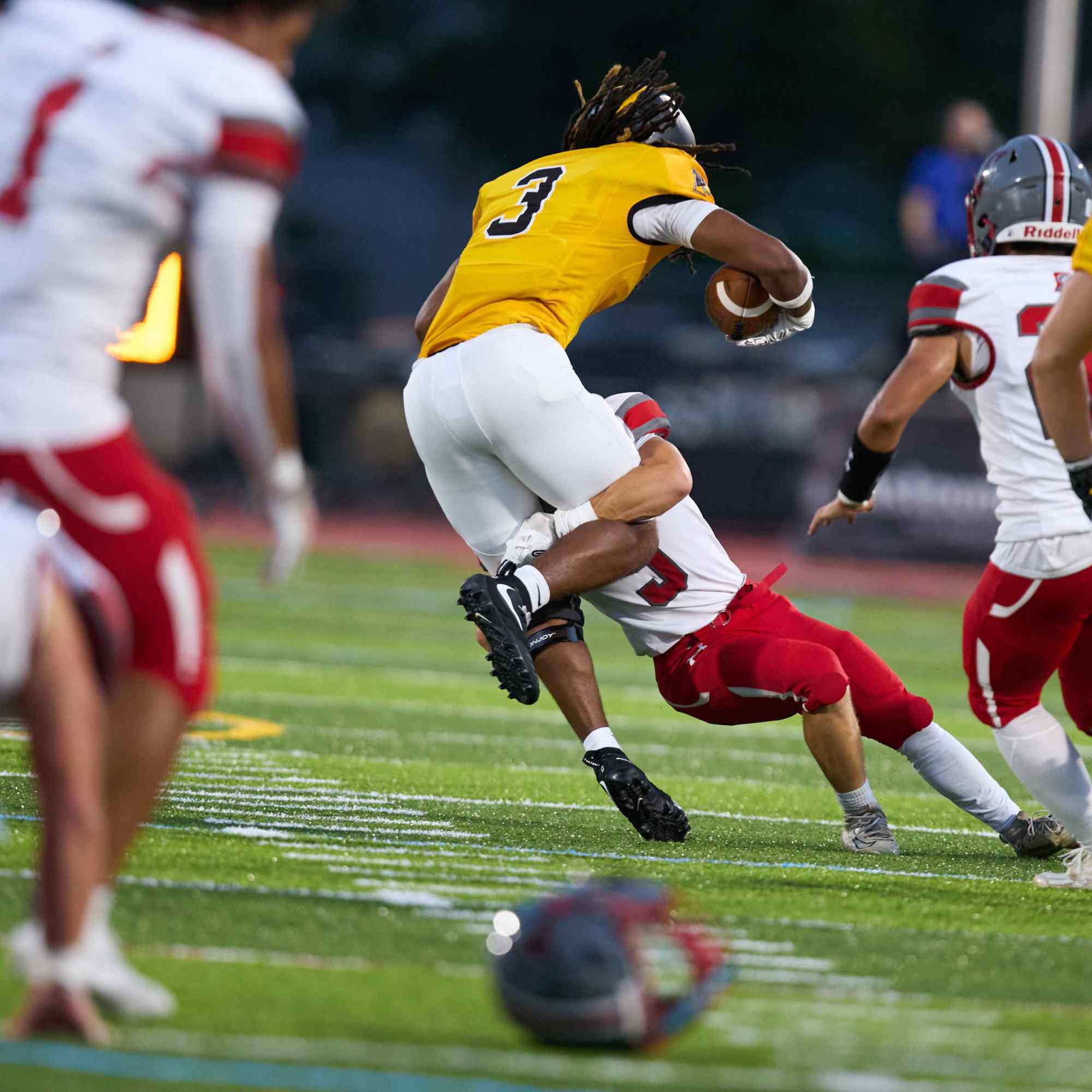 Freedom's Lashawn Johnson breaks several tackles on Friday, Sept. 4, 2026, at Bethlehem School District Stadium. (David Garrett/Special to The Morning Call)