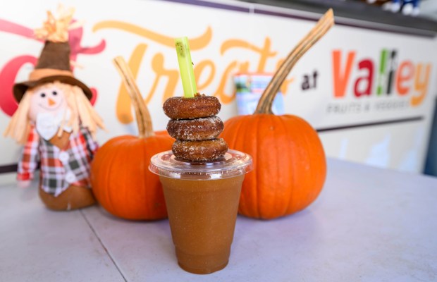 Apple Cider Slushie with handmade apple cider donuts and other treats are available Friday, Sept. 25, 2026, at Valley Fruits & Veggies on Locust Road in East Allen Township. Valley Fruits & Veggies offers snacks like apple cider slushies and handmade apple cider donuts, as well as a corn maze, tractor rides, goats and a fun play area. (April Gamiz/The Morning Call)