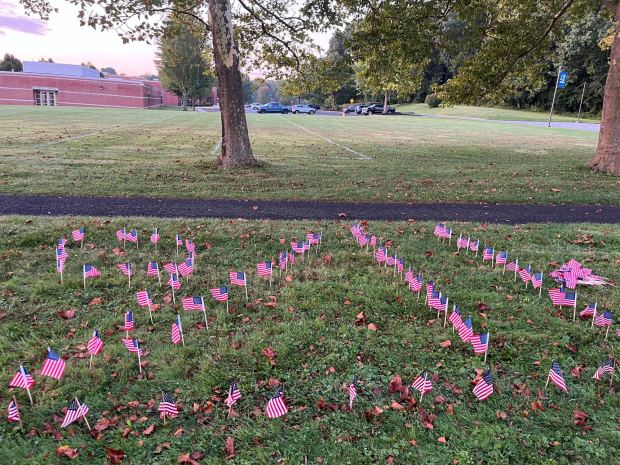 Flags outside Southern Lehigh High School mark the 2025 Patriot Day memorial in honor of the victims of the Sept. 11 attacks. (Tim Kearney)