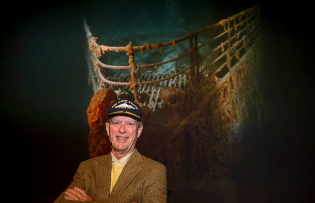 Robert Ballard, best known for his discovery of the RMS Titanic, stands in front of a projection of the doomed ocean liner Tuesday, Sept. 29, 2026, after speaking to Allentown School District fifth graders and community members at Da Vinci Science Center at PPL Pavilion. The "Finding Titanic: The Secret Mission" exhibit, which explores the story behind how the wreck was found and the secret Cold War mission that made the historic discovery possible, runs through Jan. 19.(April Gamiz/The Morning Call)