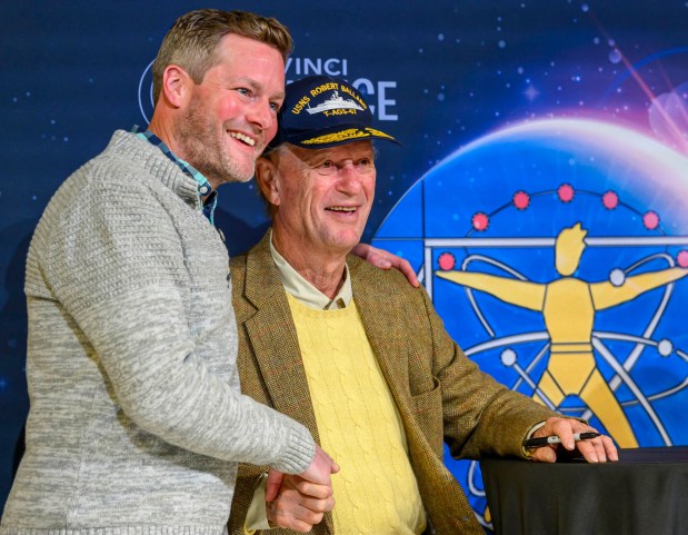 Robert Ballard, best known for his discovery of the RMS Titanic, speaks Tuesday, Sept. 29, 2026, with Jon Elison at Da Vinci Science Center at PPL Pavilion after Ballard spoke to Allentown School District fifth graders and community members. Ballard, who was at the science center as part of the "Finding Titanic: The Secret Mission" exhibit, spoke at Elison's elementary school when Elison was a child. The "Finding Titanic" exhibit, which explores the story behind how the wreck was found and the secret Cold War mission that made the historic discovery possible, runs through Jan. 19. (April Gamiz/The Morning Call)