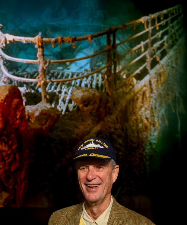 Robert Ballard, best known for his discovery of the RMS Titanic, stands in front of a projection of the doomed ocean liner Tuesday, Sept. 29, 2026, after speaking to Allentown School District fifth graders and community members at Da Vinci Science Center at PPL Pavilion. The "Finding Titanic: The Secret Mission" exhibit, which explores the story behind how the wreck was found and the secret Cold War mission that made the historic discovery possible, runs through Jan. 19.(April Gamiz/The Morning Call)