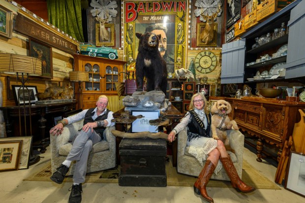 Weil's Doghouse Antiques' Mark Higgins and partner Michele Vrentas along with Molly sit at their new location Friday, Sept. 4, 2026, at Weil's Doghouse Antiques in the Parkway Shopping Center at 1471 Lehigh St. in Allentown. The antique store features over 180 vendors in its location in the back of the mall's parking lot. (April Gamiz/The Morning Call)
