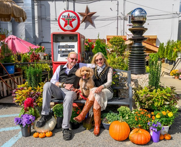 Weil's Doghouse Antiques' Mark Higgins and partner Michele Vrentas along with Molly sit at their new location Friday, Sept. 4, 2026, at Weil's Doghouse Antiques in the Parkway Shopping Center at 1471 Lehigh St. in Allentown. The antique store features over 180 vendors in its location in the back of the mall's parking lot. (April Gamiz/The Morning Call)