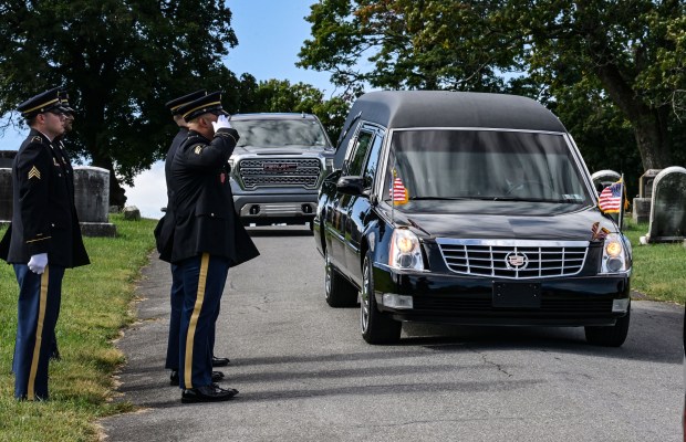 The hearse carrying U.S. Army Private First Class Howard G. Krapf, who was killed in action during World War II but whose remains were unidentified for 82 years, arrives Monday, Sept. 21, 2026, at Fairview Cemetery in Whitehall Township. (Monica Cabrera/The Morning Call)