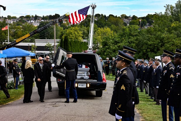 The hearse carrying U.S. Army Private First Class Howard G. Krapf, who was killed in action during World War II but whose remains were unidentified for 82 years, arrives Monday, Sept. 21, 2026, at Fairview Cemetery in Whitehall Township. (Monica Cabrera/The Morning Call)