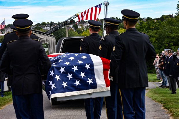 Veterans carry the casket of U.S. Army Private First Class Howard G. Krapf on Monday, Sept. 21, 2026, at Fairview Cemetery in Whitehall Township. Krapf was killed in action during World War II but his remains were unidentified for 82 years. (Monica Cabrera/The Morning Call)