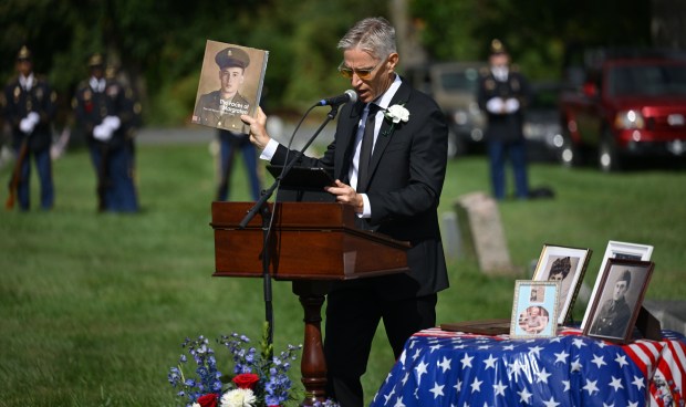 Aaron Vannatta reads the eulogy at the funeral of his family member, U.S. Army Private First Class Howard G. Krapf, on Monday, Sept. 21, 2026, at Fairview Cemetery in Whitehall. Krapf was killed in action during World War II but his remains were unidentified for 82 years. (Monica Cabrera/The Morning Call)