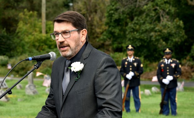 Whitehall Township Mayor Joseph J. Marx Jr. welcomes attendees to funeral the ceremony of U.S. Army Private First Class Howard G. Krapf on Monday, Sept. 21, 2026, at Fairview Cemetery in Whitehall. Krapf was killed in action during World War II but his remains were unidentified for 82 years. (Monica Cabrera/The Morning Call)