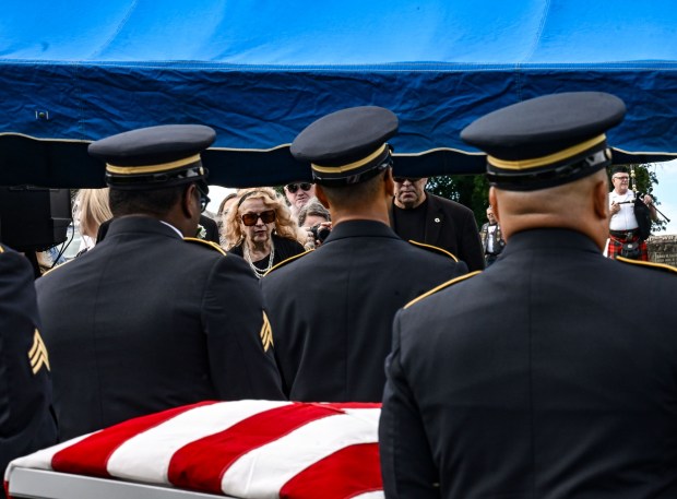 Joan Vannatta stands by as veterans carry the casket of her uncle, U.S. Army Private First Class Howard G. Krapf on Monday, Sept. 21, 2026, at Fairview Cemetery in Whitehall Township. Krapf was killed in action during World War II but his remains were unidentified for 82 years. (Monica Cabrera/The Morning Call)