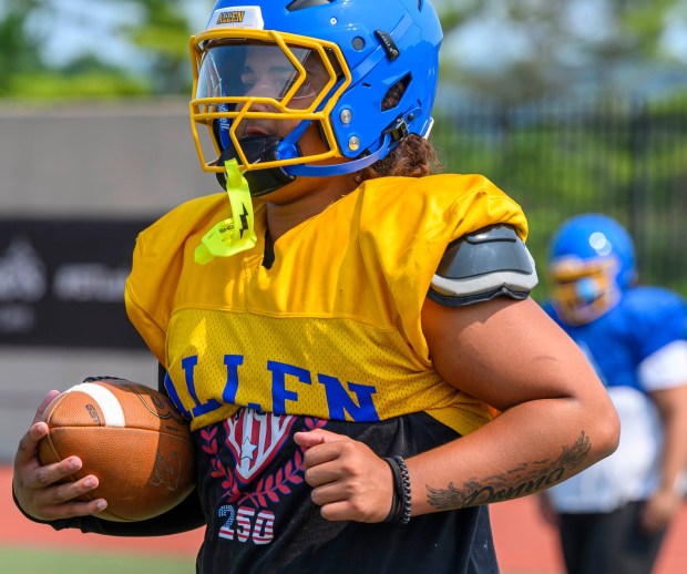 Julian "JuJu" Pagan runs drills Wednesday, Aug. 12, 2026, during Allen's football practice in Allentown. (April Gamiz/The Morning Call)
