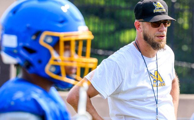 Allen football coach Joel Rupp talks to his players Wednesday, Aug. 12, 2026, during a practice in Allentown. (April Gamiz/The Morning Call)