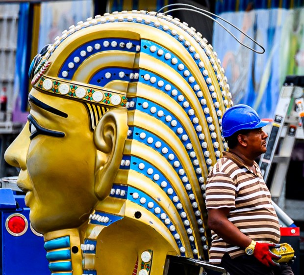 Workers assemble the Pharaoh's Fury ride Tuesday, Sept. 1, 2026, at the Allentown Fairgrounds. The 174th Allentown Fair opens Wednesday and runs through Labor Day. (April Gamiz/The Morning Call)