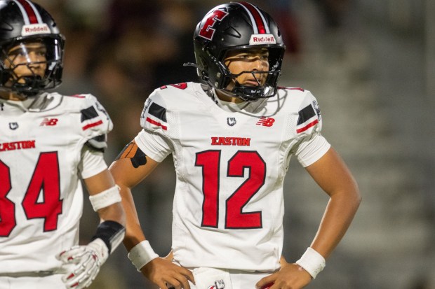 Easton's Zahviay McGurn looks for a play against Bethlehem Catholic on Sept. 19, 2024, at BASD Stadium in Bethlehem. (Jonathan Broady/Special to The Morning Call)