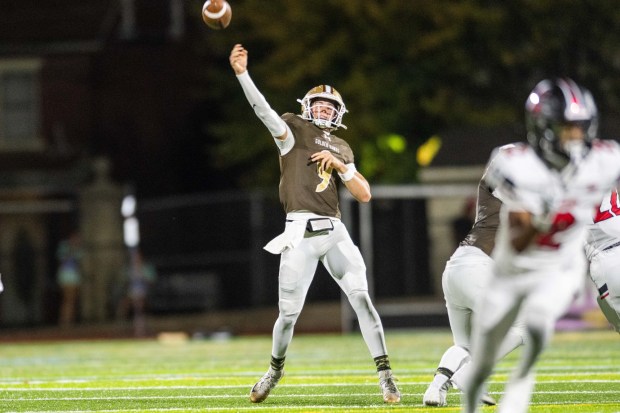 Bethlehem Catholic's Axel Burkart passes the ball against Easton on Sept. 19, 2024, at BASD Stadium in Bethlehem. (Jonathan Broady/Special to The Morning Call)