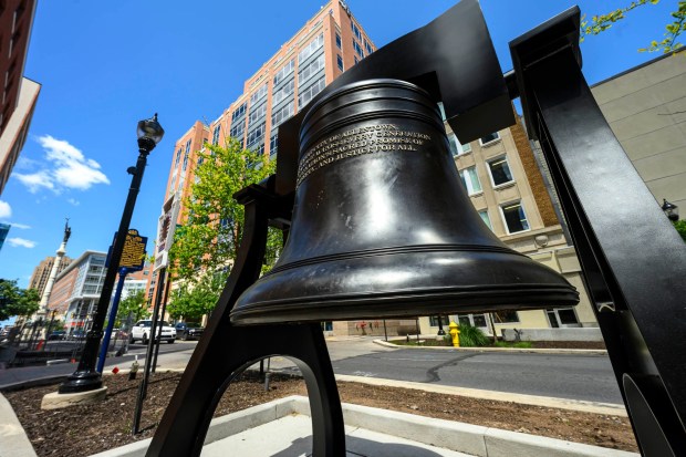 A new Liberty Bell replica is on display Friday, May 29, 2026, in front of the Zion's Reformed United Church in Allentown. From September 1777 to June 1778, the church hid the original Liberty Bell and 10 other bells taken from Philadelphia to keep them out of British hands during the Revolutionary War. (April Gamiz/The Morning Call)