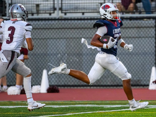 Liberty's Treyce Whitlow makes a catch for a touchdown Thursday, Sept. 10, 2026, against Stroudsburg during a football game at BASD Stadium in Bethlehem.(April Gamiz/The Morning Call)