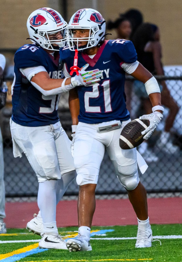 Liberty's Treyce Whitlow makes a catch for a touchdown Thursday, Sept. 10, 2026, against Stroudsburg during a football game at BASD Stadium in Bethlehem.(April Gamiz/The Morning Call)