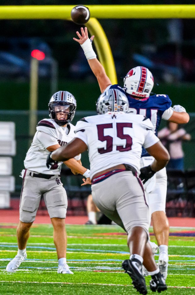 Stroudsburg's quarterback Jack Mitchell throws a pass Thursday, Sept. 10, 2026, against Liberty during a football game at BASD Stadium in Bethlehem.(April Gamiz/The Morning Call)