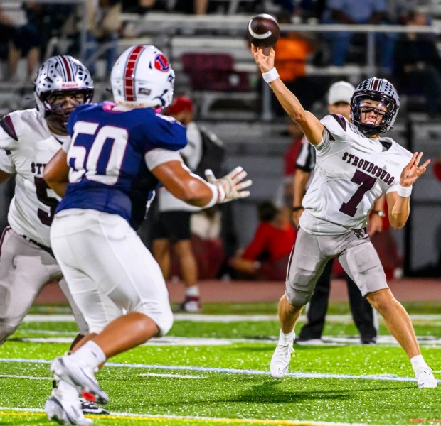 Stroudsburg's quarterback Jack Mitchell throws a pass Thursday, Sept. 10, 2026, against Liberty during a football game at BASD Stadium in Bethlehem.(April Gamiz/The Morning Call)