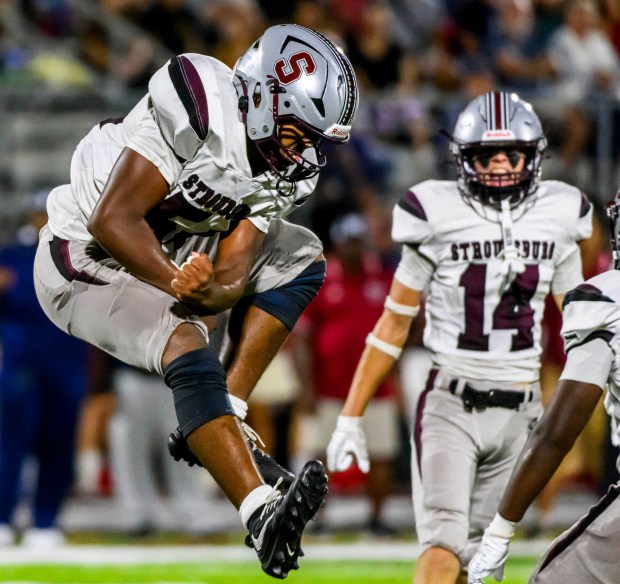 Stroudsburg's Kevin Owusu-Ansah reacts to stopping Liberty's quarterback Alsaiah Gross on Thursday, Sept. 10, 2026, during a football game at BASD Stadium in Bethlehem.(April Gamiz/The Morning Call)