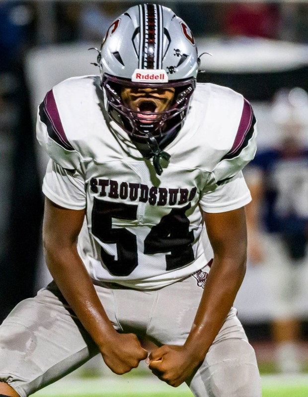 Stroudsburg's Kevin Owusu-Ansah reacts to stopping Liberty's quarterback Alsaiah Gross on Thursday, Sept. 10, 2026, during a football game at BASD Stadium in Bethlehem.(April Gamiz/The Morning Call)