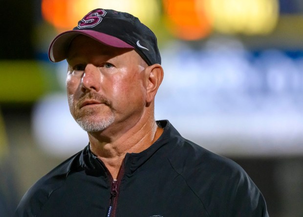 Stroudsburg's head coach Jim Miller calls plays against Liberty during a football game Thursday, Sept. 10, 2026, at BASD Stadium in Bethlehem.(April Gamiz/The Morning Call)